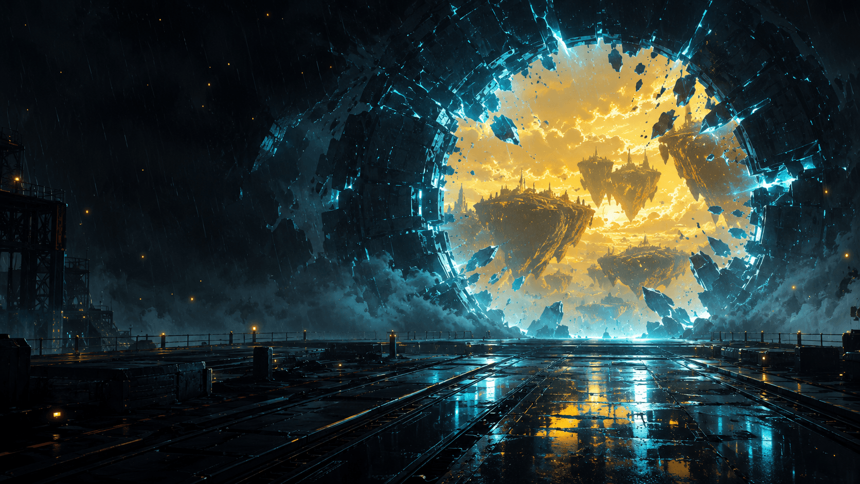 The Shattered Gate: a broken dimensional ring spilling golden light from another world onto a rain-slicked platform