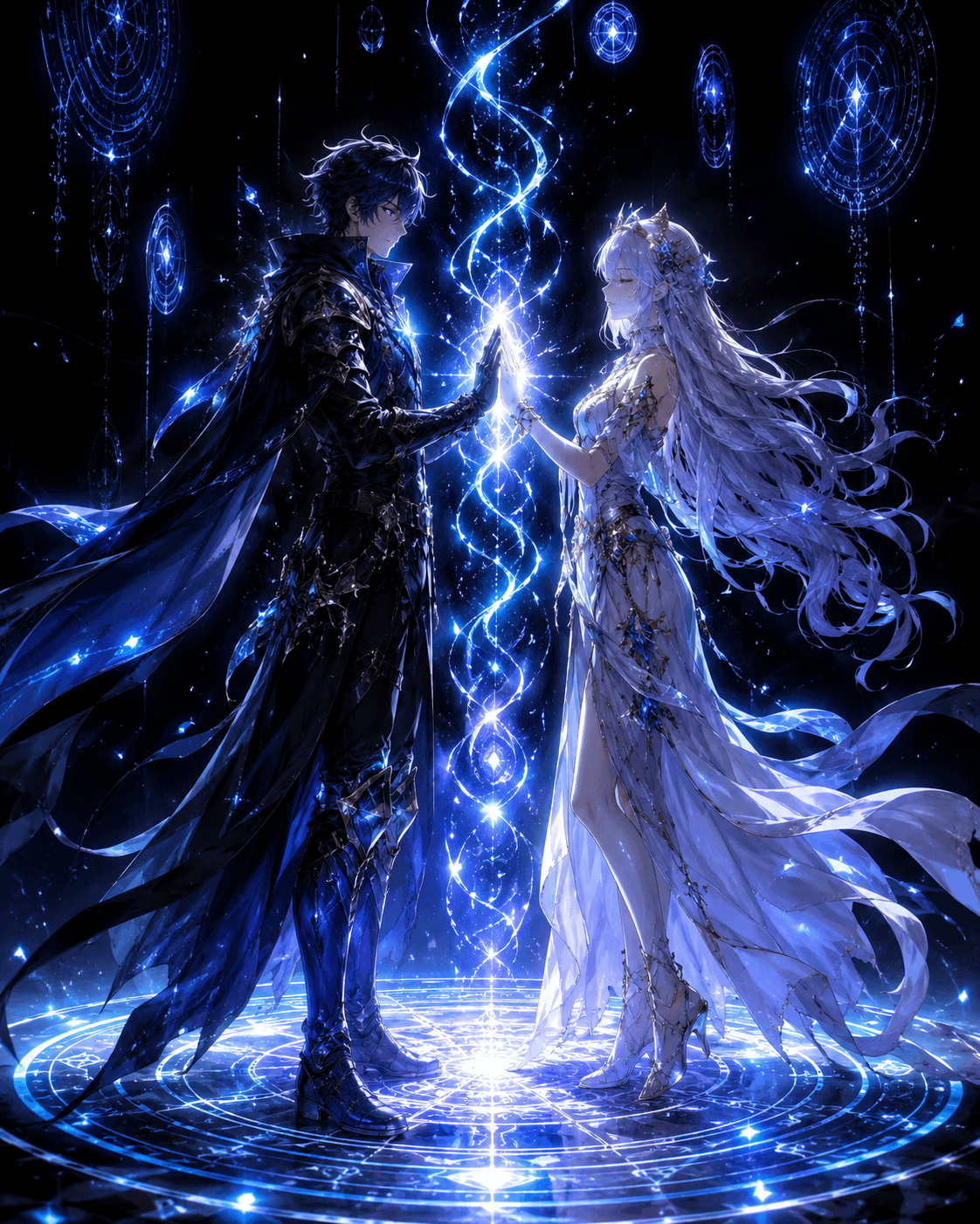 Two companions bound by a soul contract crossing worlds together
